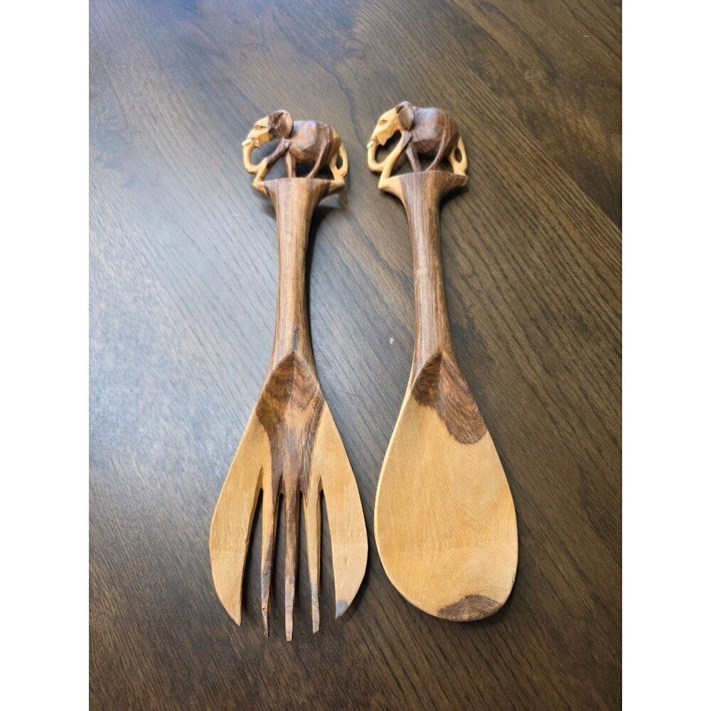 Hand Carved Wooden Elephant Spoon And Fork Salad Tossing Utensil Set